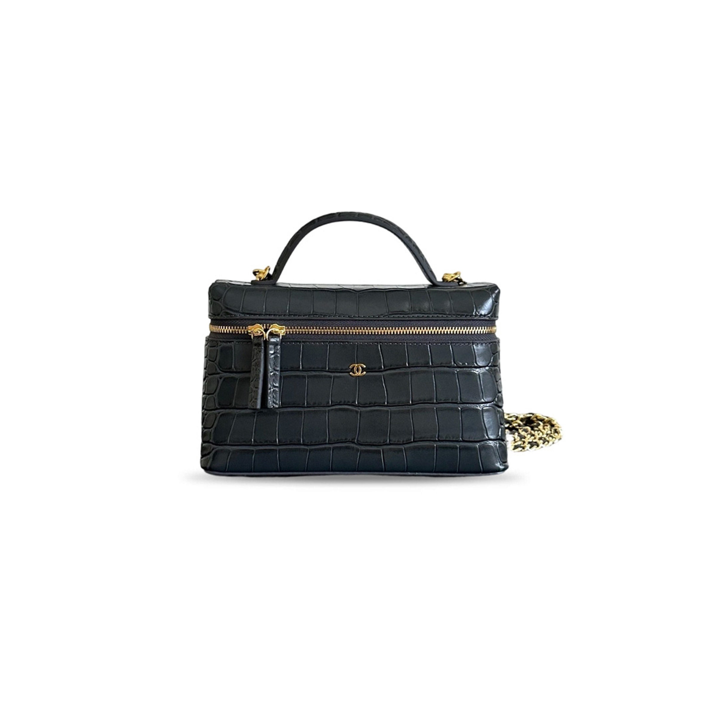 CHANEL MASTER TOP HANDLE LONG VANITY CASE WITH CHAIN CROC EMBOSSED CALFSKIN GOLD HARDWARE (19*14*5cm)
